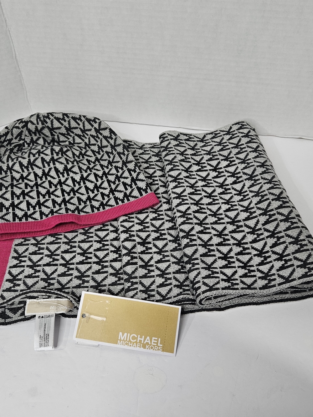MICHAEL Michael Kors Black & White Logo Knit Hat and Scarf Set with Pink Trim